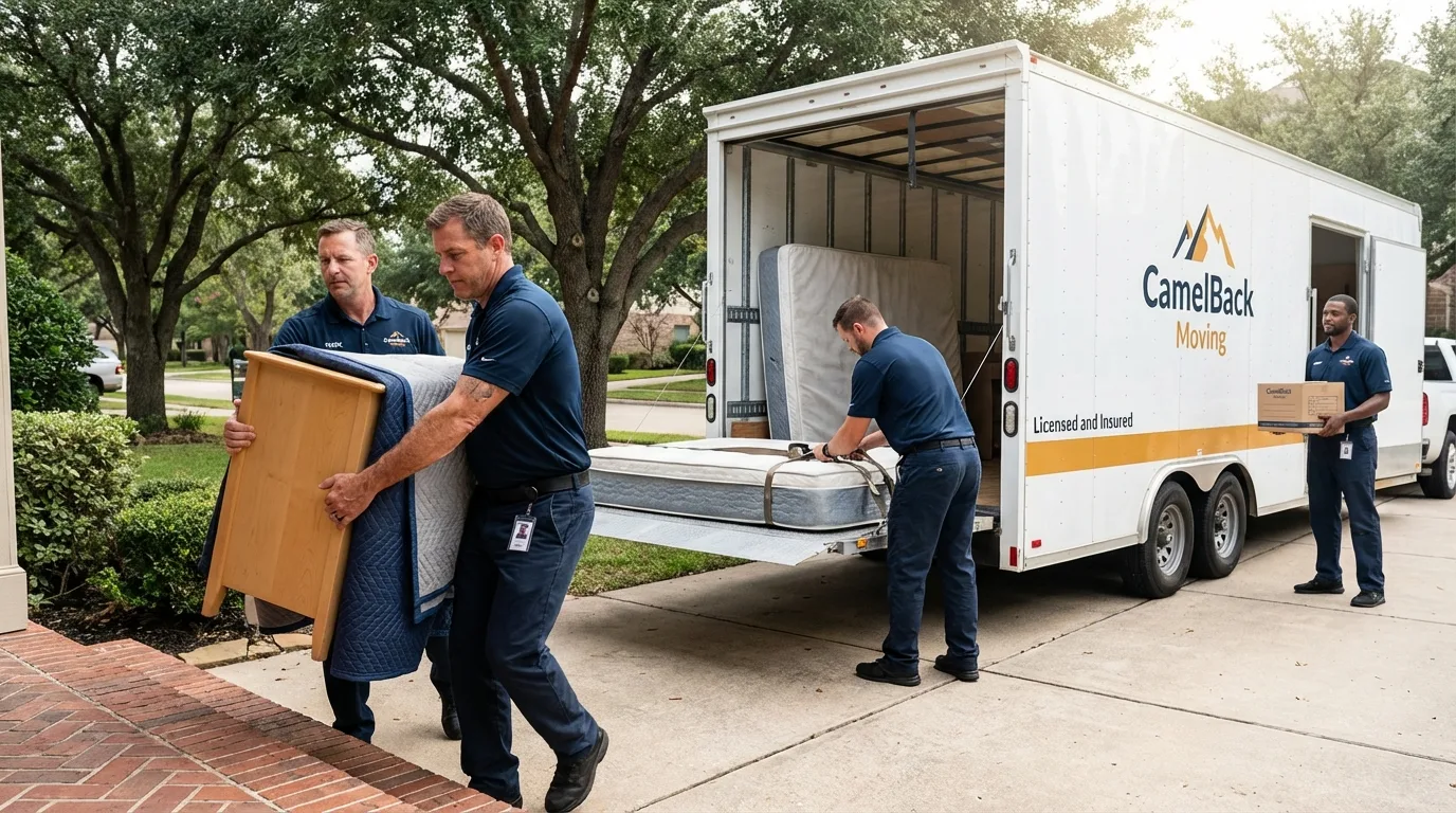 Crew loading residential truck for cross-state move from Cambria, CA