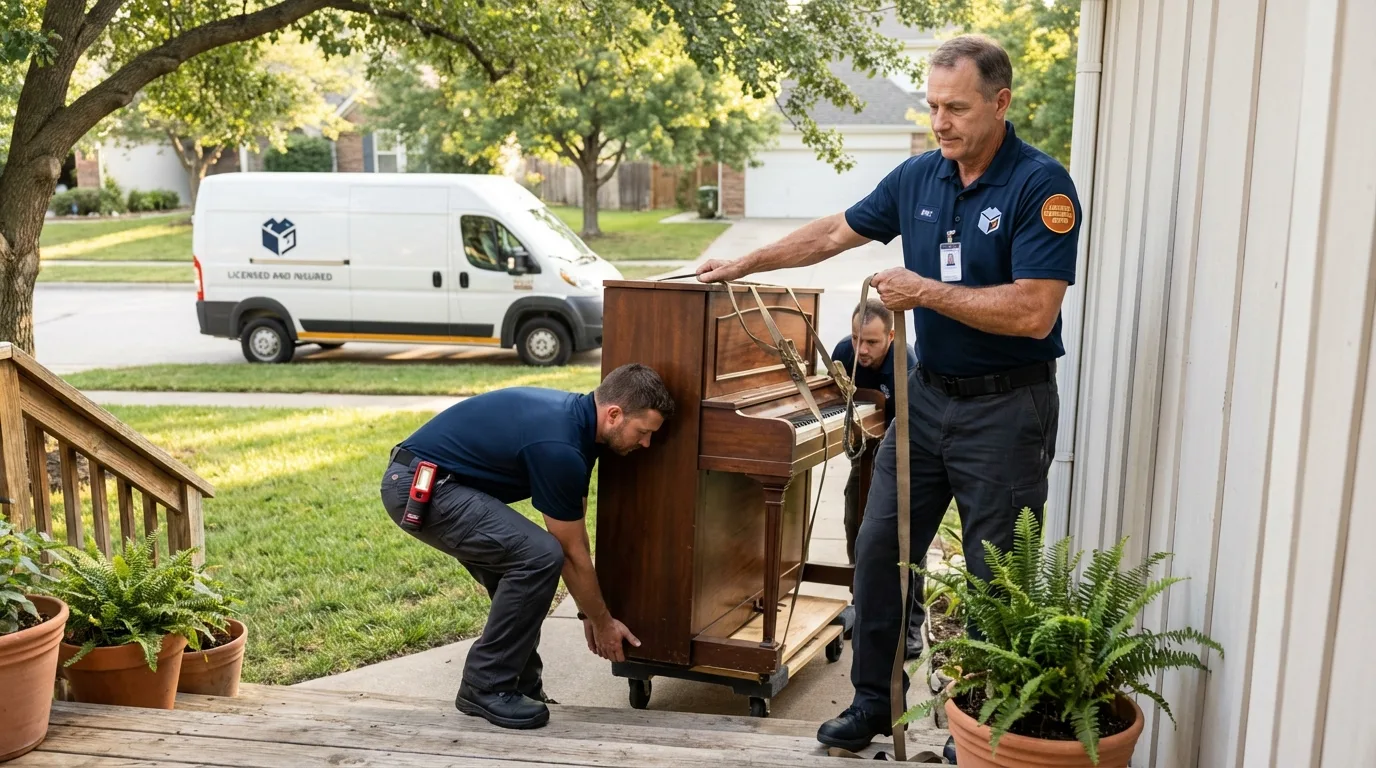 Licensed piano movers securing grand piano in Cambria, CA
