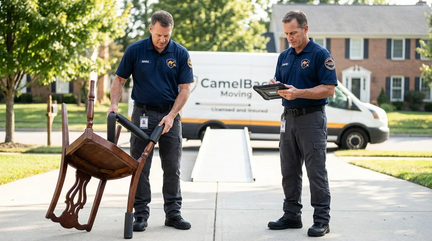 Movers inspecting furniture for damage prevention before loading in Cambria, CA